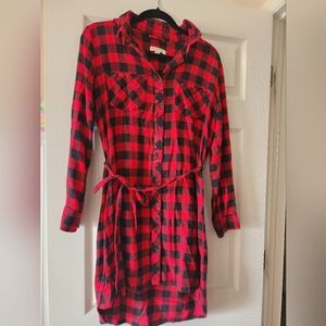 Beachlunchlounge Buffalo Plaid/Red and Black Long Sleeve Flannel Shirt Dress-S